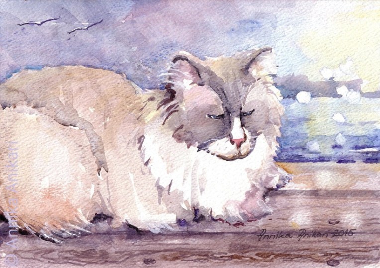 "Pyhäaamun rauhaa". Koko A4. valitsemieni kehysten kanssa n. 47 cm x 38 cm.  Hinta kehystämättömänä 110,00 eur, kehystettynä 170,00 eur.